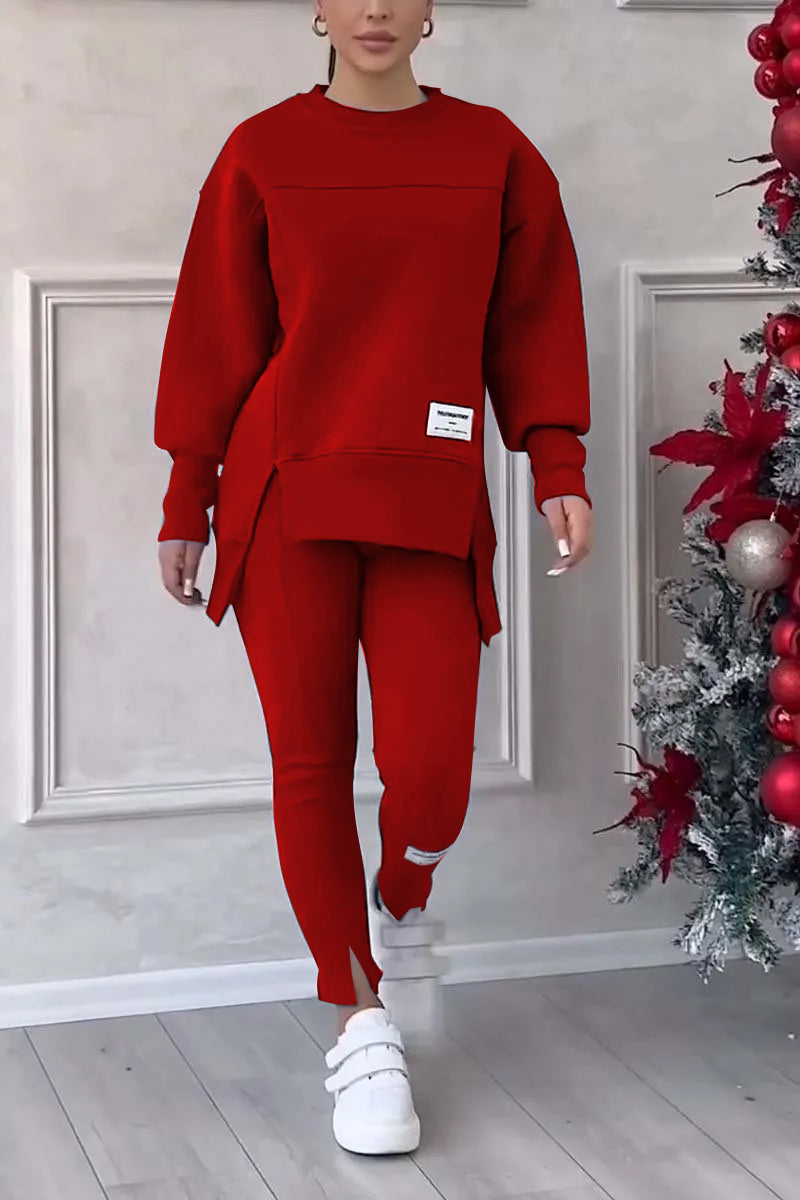 (SANS IMPRESSION AU DOS) Ensemble legging et sweat-shirt décontracté pour femme, col rond, manches longues, ourlet fendu, couleur unie