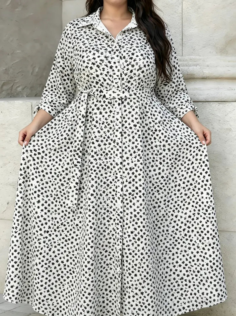 Robe chemise grande taille à pois avec ceinture et boutons devant