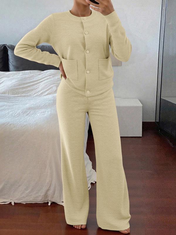 Ensemble pull tricoté à manches longues et col rond confortable et décontracté pour femme, pantalon ample polyvalent taille haute, parfait pour le quotidien