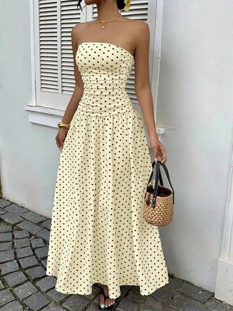 Robe longue élégante à pois sans bretelles pour femme, chic sans manches, idéale pour les fêtes et tenues décontractées, robe de soirée élégante