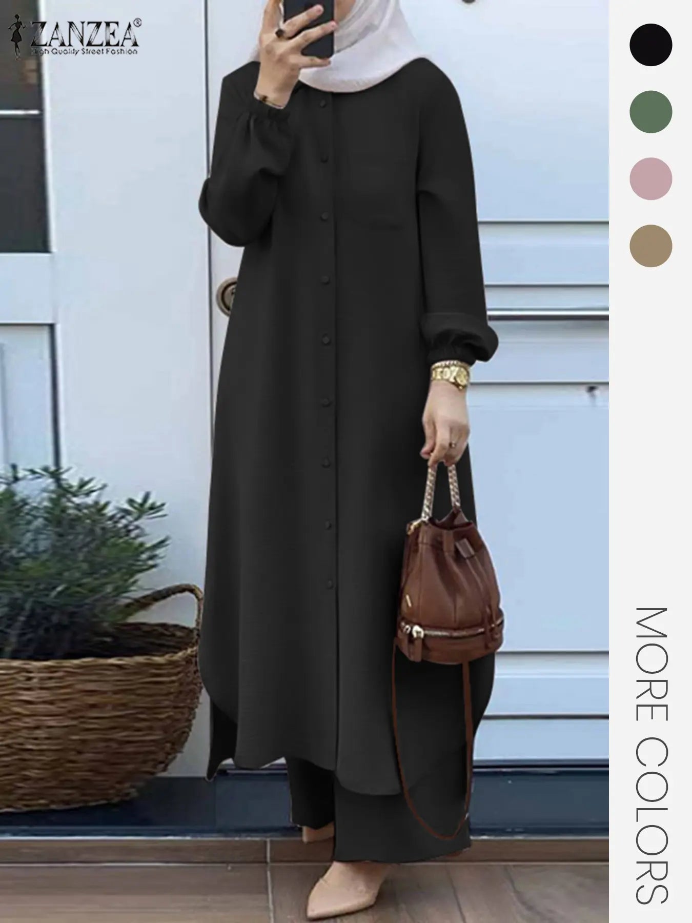 Two-Piece Set Women's Solid Color Asymmetrical Hem Button Front Longline Shirt & Wide Leg Pants, Casual Pocket Bishop Sleeve Collared Top & Elastic Waist Trousers for Fall & Winter, Women's Clothes for Daily Wear, Women's Outfit Sets