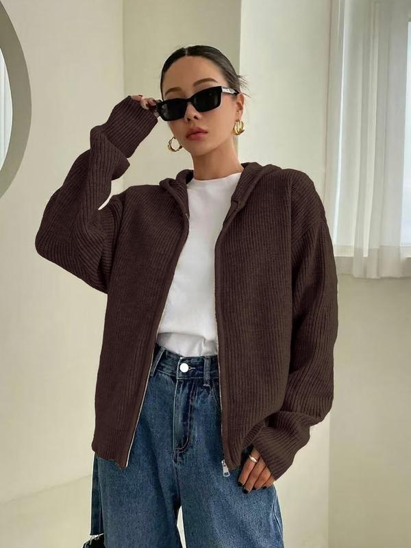 Cardigan à capuche zippé de couleur unie pour femme, en tricot décontracté à manches longues pour l'automne et l'hiver, vêtement en maille tendance pour femme pour le quotidien