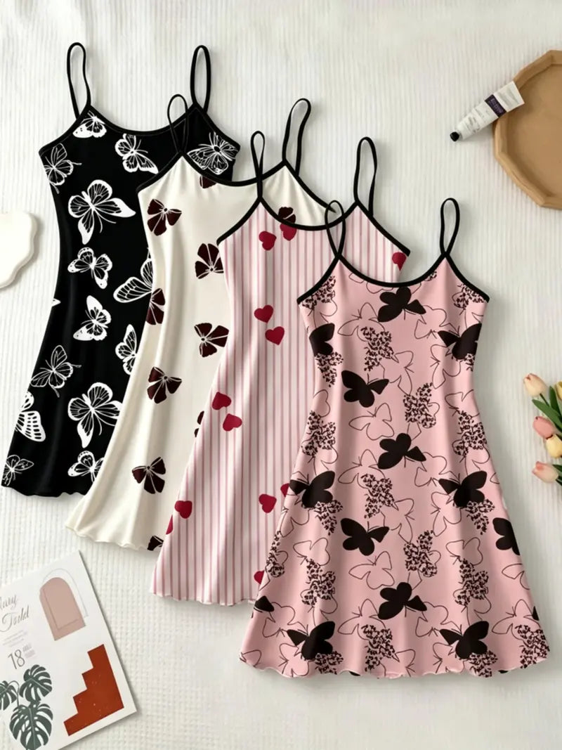 Chemisette de nuit à imprimé intégral pour femme, robe de nuit décontractée douce et confortable à fines bretelles pour toutes les saisons, vêtement de nuit pour femme pour l'intérieur, robe de nuit respirante