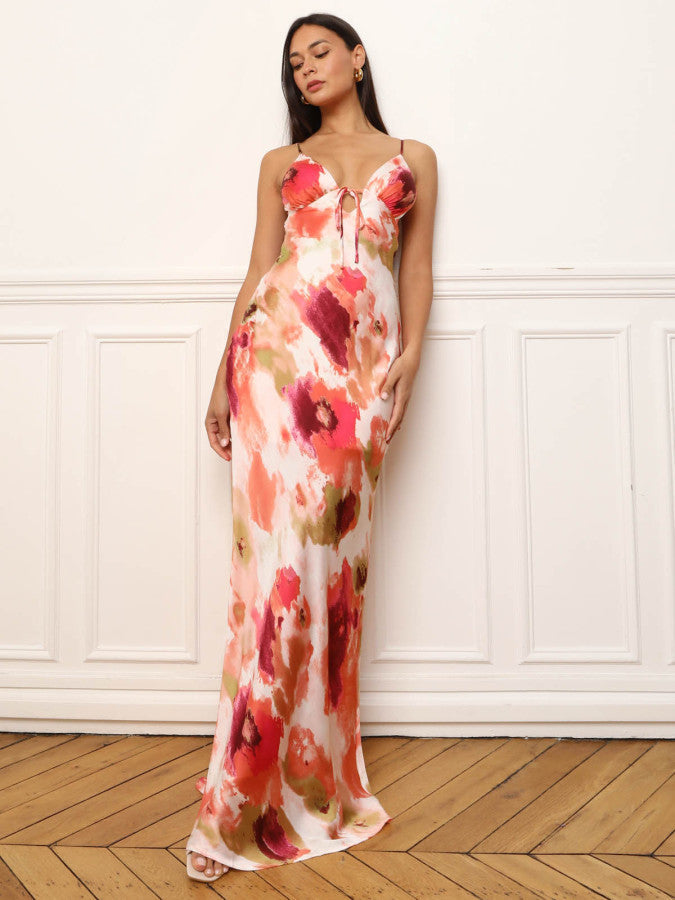 Robe longue dos nu effet satin rose