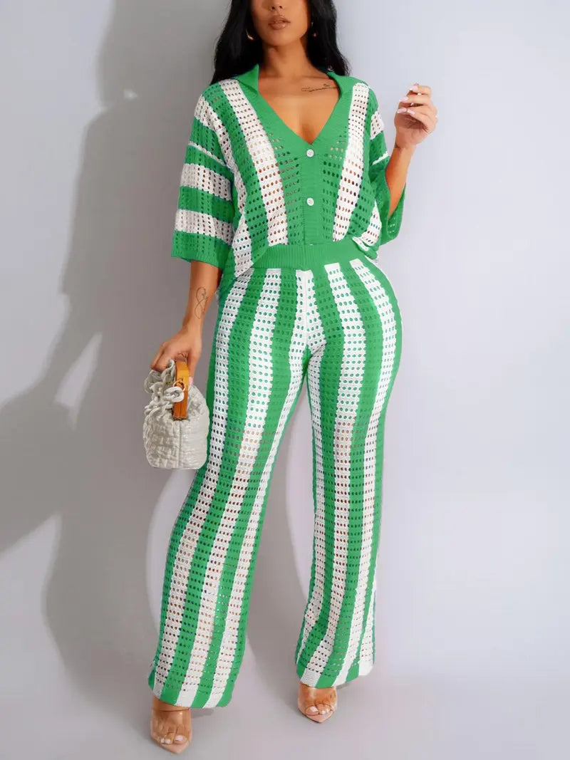 Ensemble deux pièces femme - Haut color block rayé découpé boutonné et pantalon large