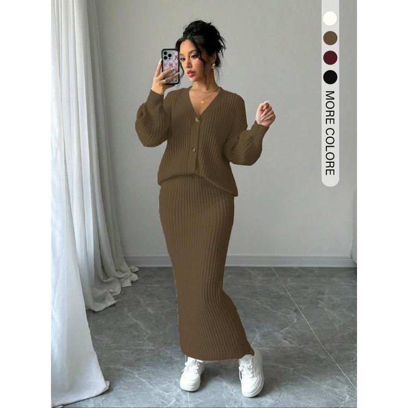 Ensemble deux pièces pull uni boutonné et jupe longue pour femme, haut tricoté décontracté à manches longues et épaules tombantes et jupe taille haute pour les sorties quotidiennes, vêtements tricotés pour femme pour l'automne et l'hiver
