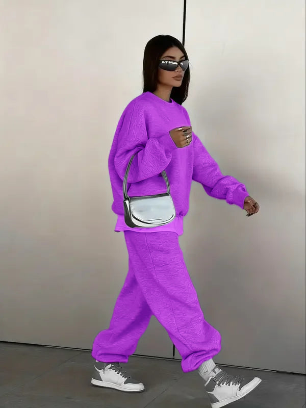 Ensemble deux pièces femme : Sweat-shirt col rond et pantalon de jogging ample, style décontracté sportif urbain hip-hop, mode automne et hiver