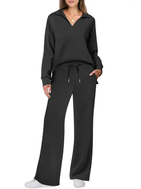 Ensemble de pantalon et haut à manches longues avec cordon de serrage pour femme, décontracté automne-hiver, couleur unie à la mode, tenue de ville, style