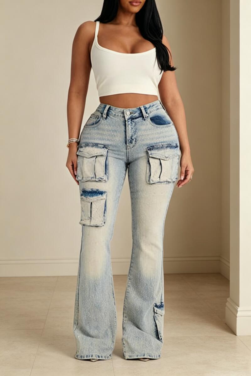 Women Rhinestone Washed Water Spliced Pocket Casual Jeans