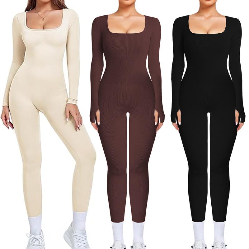 Combinaison de Yoga Sans Couture à Manches Longues et Col en U pour Femme, Combinaison Unie pour Tenue Quotidienne en Extérieur, Vêtements de Sport Simples avec Trous pour les Pouces