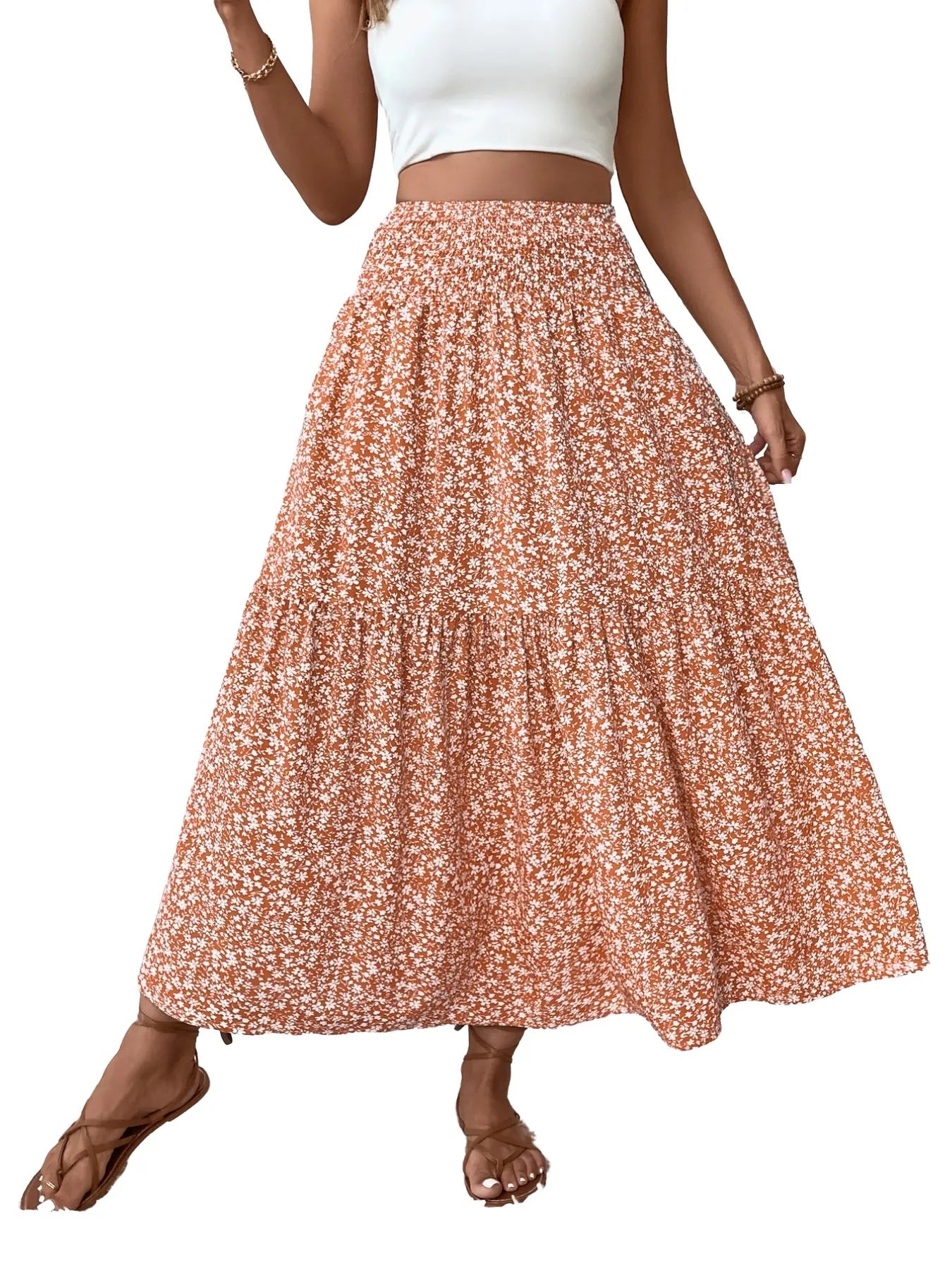 Jupe trapèze décontractée fleurie pour femme, taille élastique, poches, ourlet feuille, jupe longue ajustée, robe mi-longue tendance