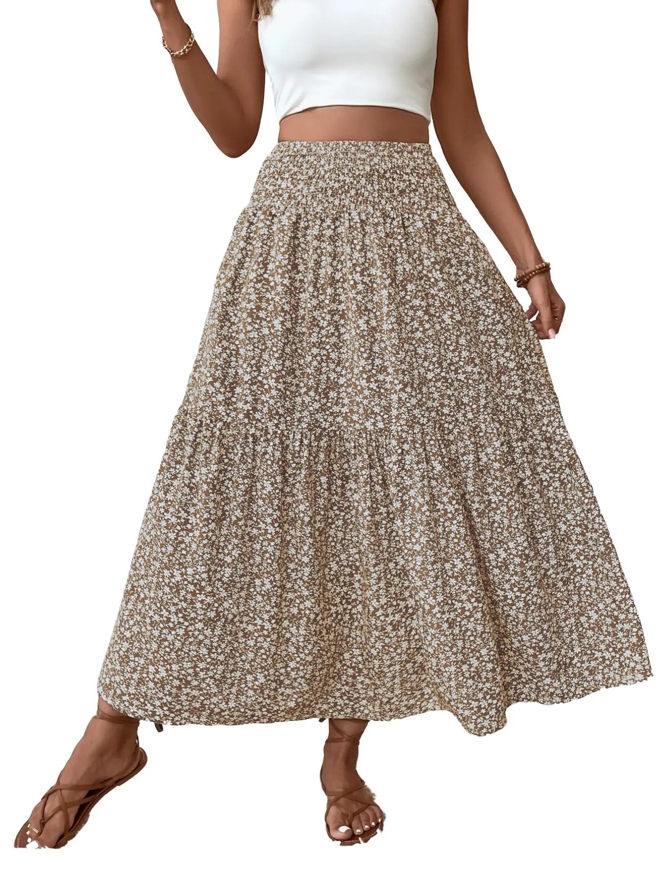 Jupe trapèze décontractée fleurie pour femme, taille élastique, poches, ourlet feuille, jupe longue ajustée, robe mi-longue tendance
