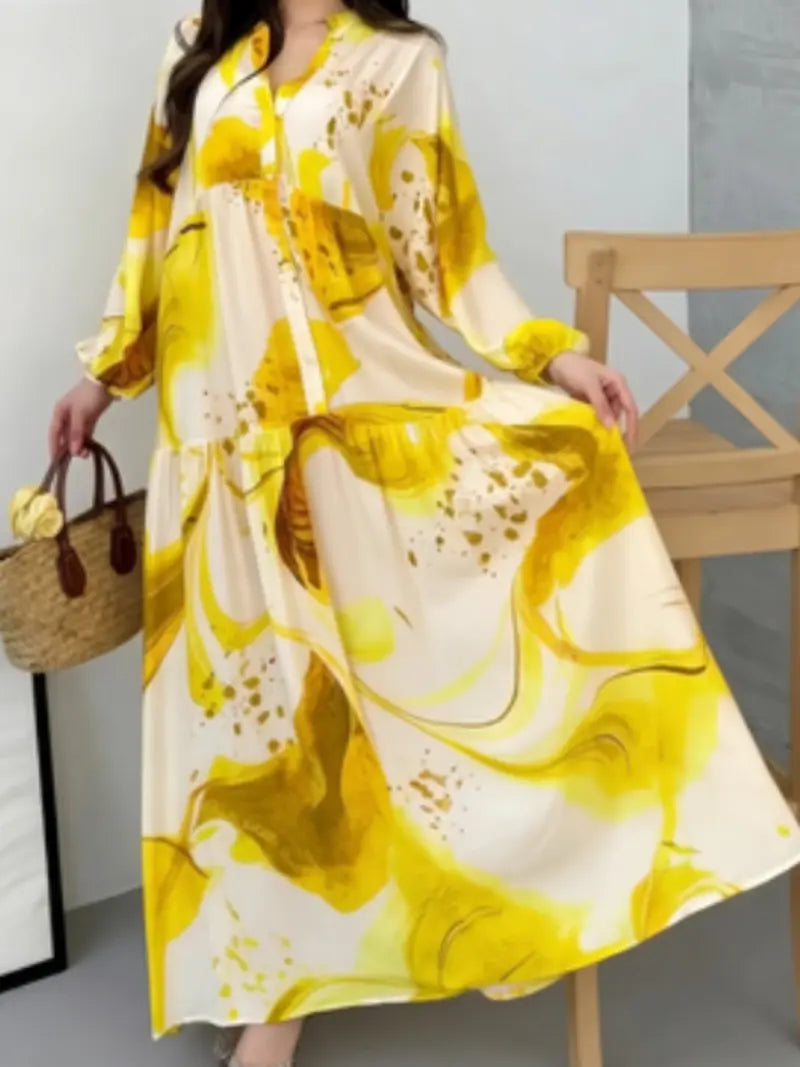 Robe longue florale à manches longues 2026, robe longue décontractée polyvalente à col en V, coupe ample style élégant pour femmes