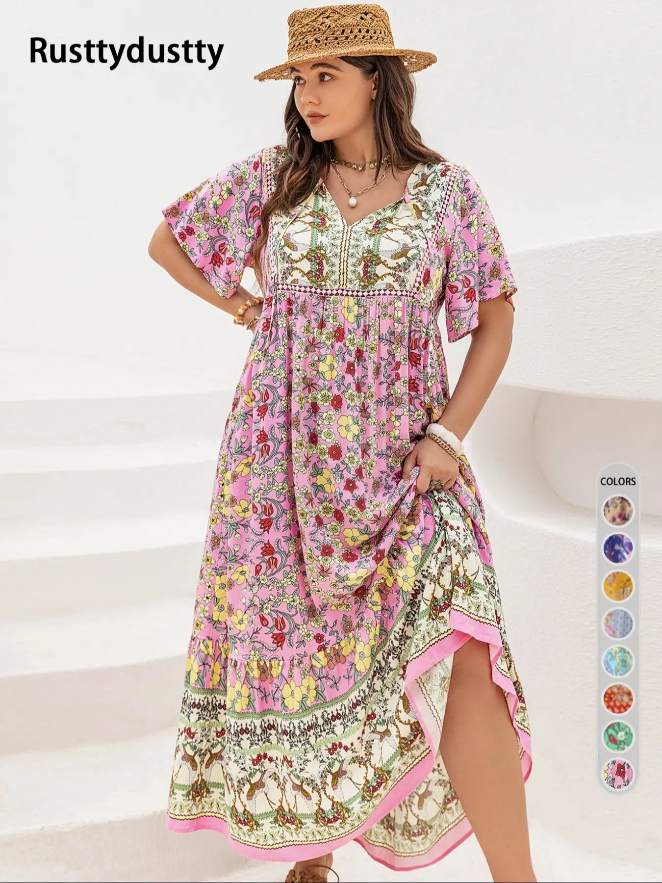 Robe longue grande taille à imprimé floral patchwork avec cravate, dentelle contrastante et ourlet à volants, robe chasuble bohème à manches papillon, vêtements d'été pour femmes pour les vacances