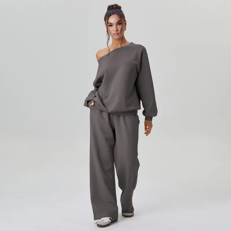 Ensemble deux pièces décontracté pour femme, couleur unie, haut à manches longues et épaule tombante, et pantalon large, confortable, décolleté rond, ample, basique.