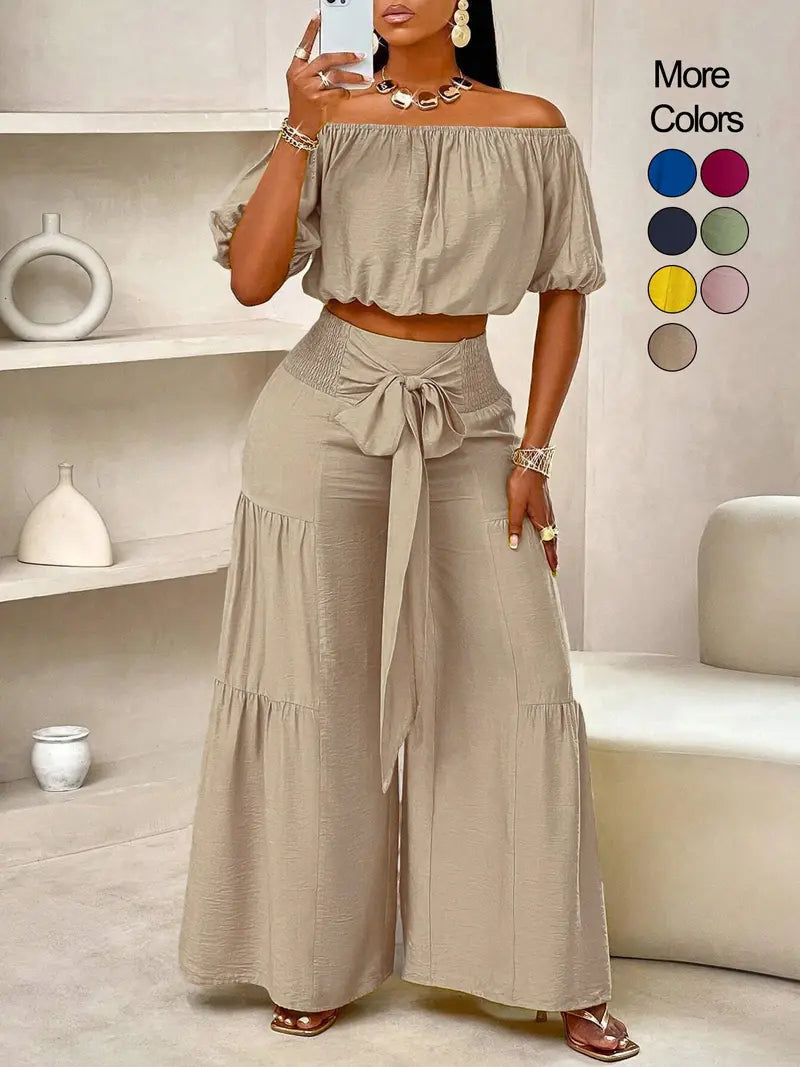 Ensemble pantalon femme couleur unie à jambes larges, haut décontracté à épaules dénudées et pantalon palazzo pour l'été, tenue de vacances à la plage pour femme.