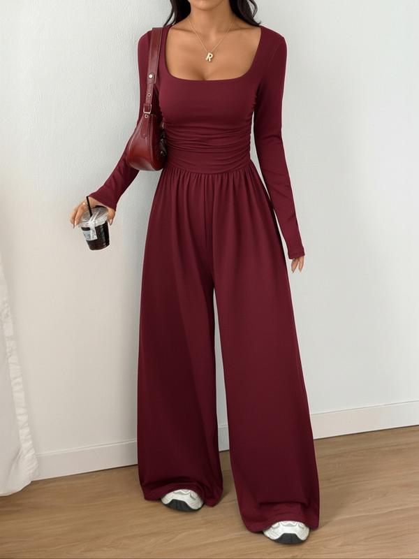 Combinaison Femme Automne Hiver en Tricot à Jambes Larges, Combinaison Décontractée Unie à Col Rond, Combinaison Polyvalente à Manches Longues
