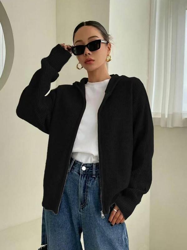 Cardigan à capuche zippé de couleur unie pour femme, en tricot décontracté à manches longues pour l'automne et l'hiver, vêtement en maille tendance pour femme pour le quotidien