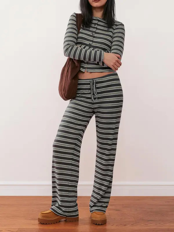 Ensemble top manches longues rayé colorblock décontracté et pantalon coupe ample pour femme, parfait pour les vacances, les trajets quotidiens, le quotidien.
