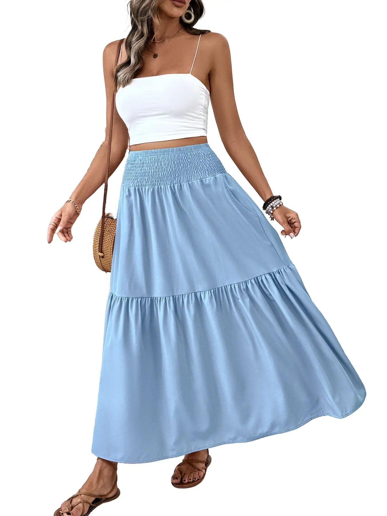 Jupe trapèze décontractée fleurie pour femme, taille élastique, poches, ourlet feuille, jupe longue ajustée, robe mi-longue tendance