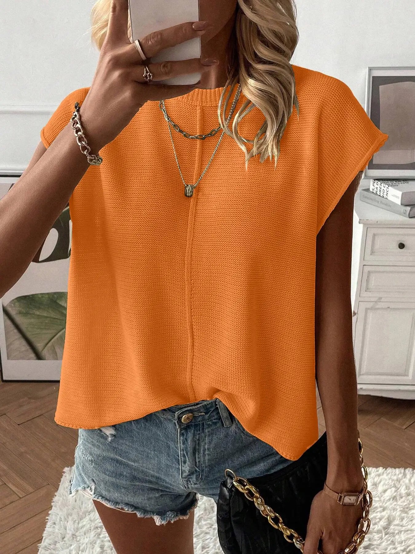 Gilet pull femme de couleur unie, haut tricoté décontracté à col rond pour l'été, tricot femme tendance pour le quotidien