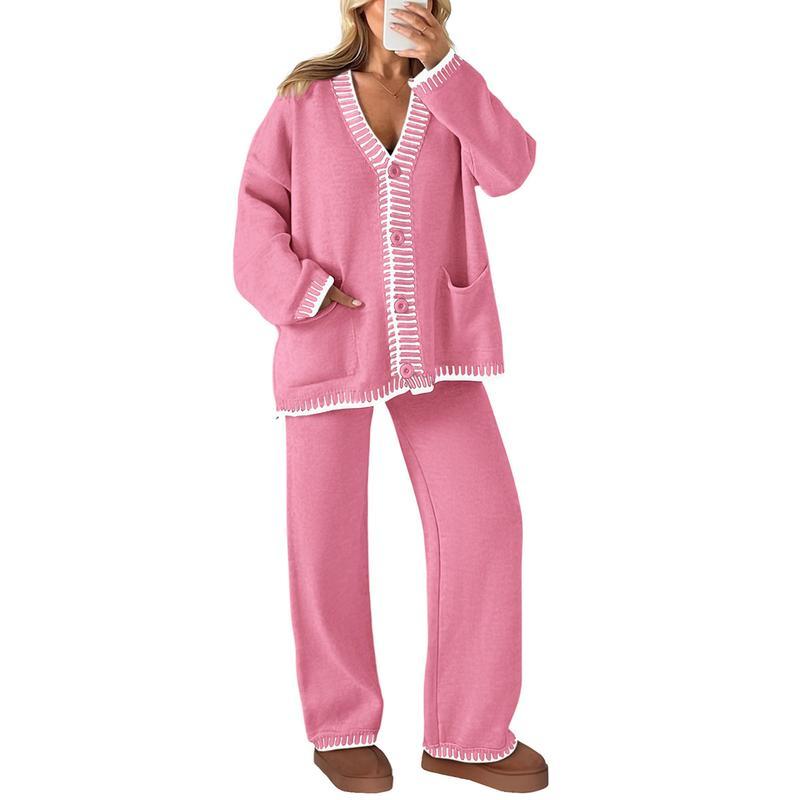 Ensemble 2 pièces tricoté pour femme, tenues d'hiver assorties, loungewear, cardigans à manches longues et col en V, pantalons amples, survêtements