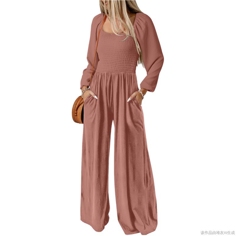 Salopette ample décontractée pour femme, combinaison une pièce à manches longues, jambes larges, pantalon long, barboteuse avec poches
