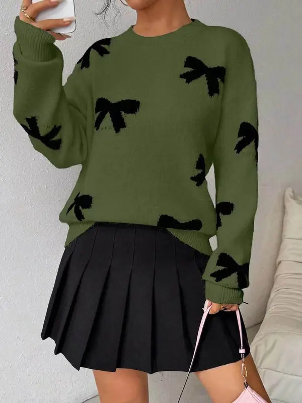 Pull décontracté tricoté lâche imprimé nœud papillon à la mode, pull femme automne/hiver, nouveau pull tricoté à col rond et manches longues