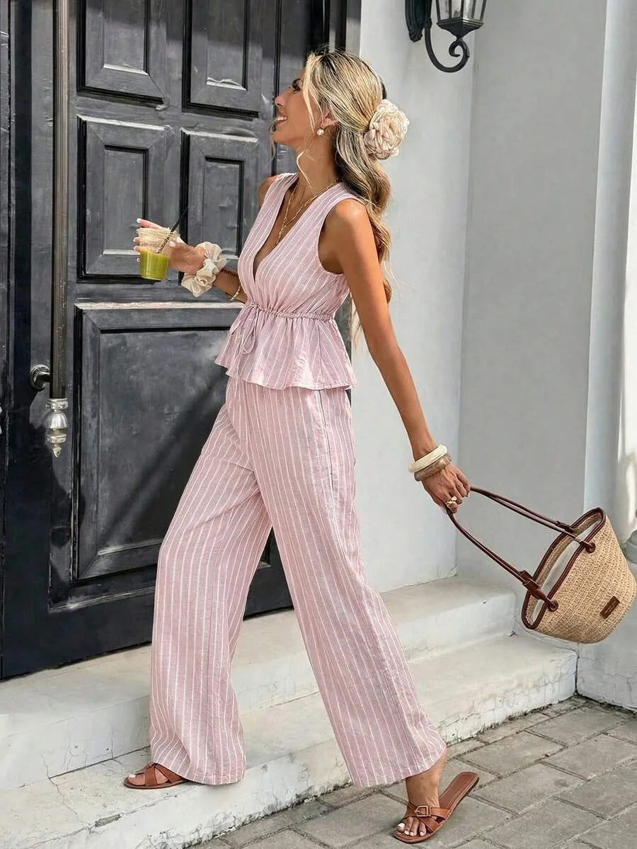 Ensemble deux pièces rayé pour femme : Haut sans manches à nouer à la taille et pantalon long décontracté — Style bohème vintage, tenue de ville