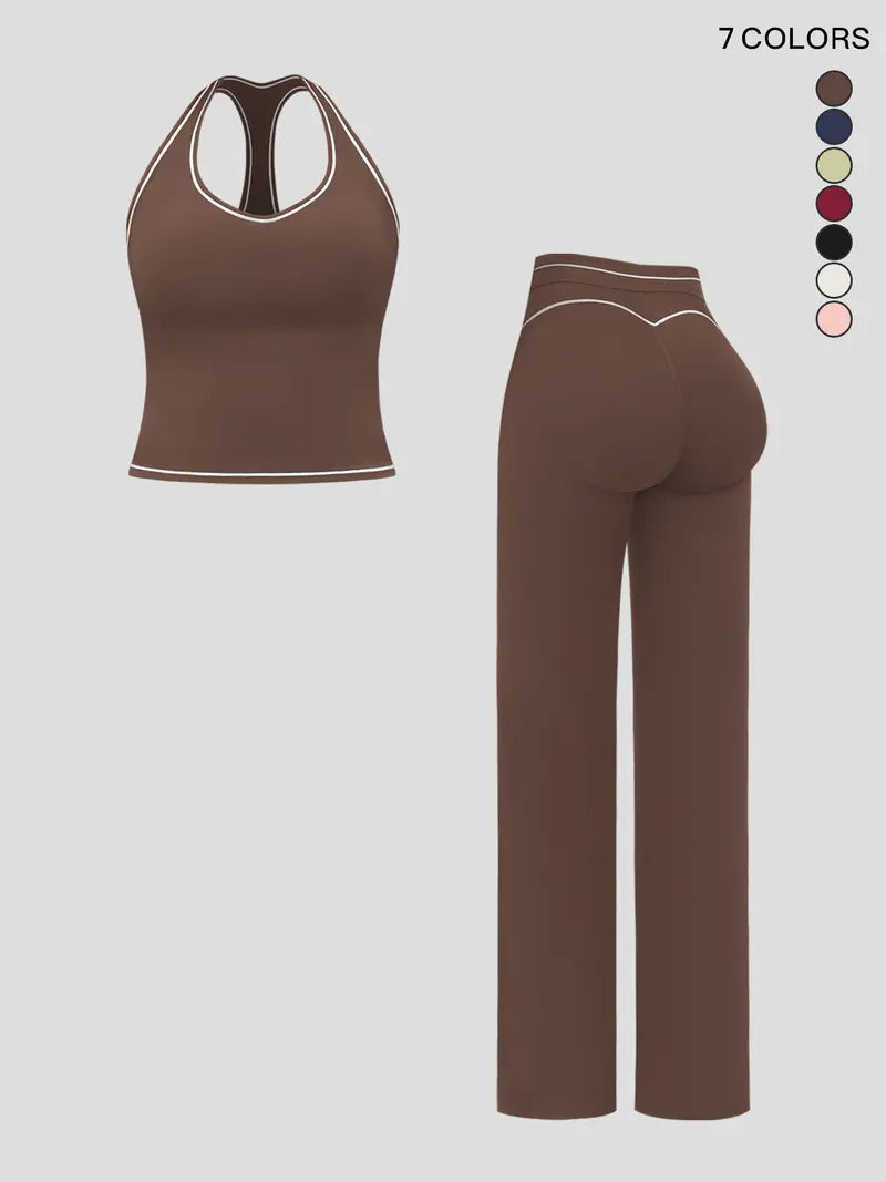 Ensemble de yoga pour femme avec doubles bretelles, tenue de sport de luxe pour la course et l'exercice, tissu polaire colorblock.