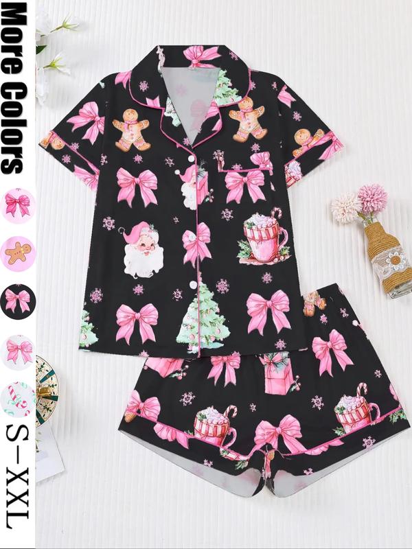 Ensemble pyjama de Noël pour femme, imprimé biscuits de Père Noël, haut boutonnée à manches courtes et short élastique, vêtements de nuit décontractés toutes saisons, pyjama de Noël, vêtements d'intérieur
