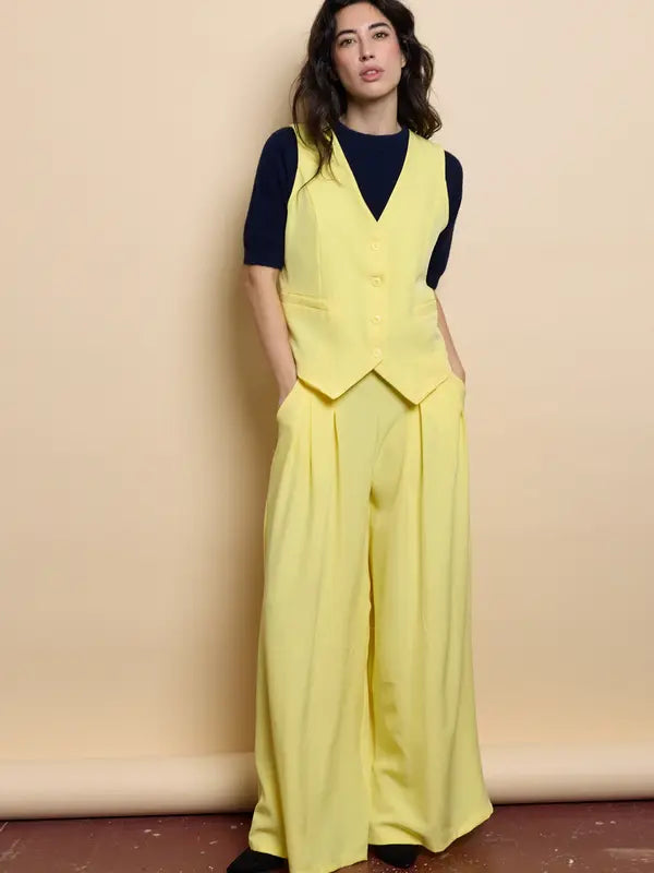 Tailleur pour femme, style décontracté, veste sans manches, pantalon ample
