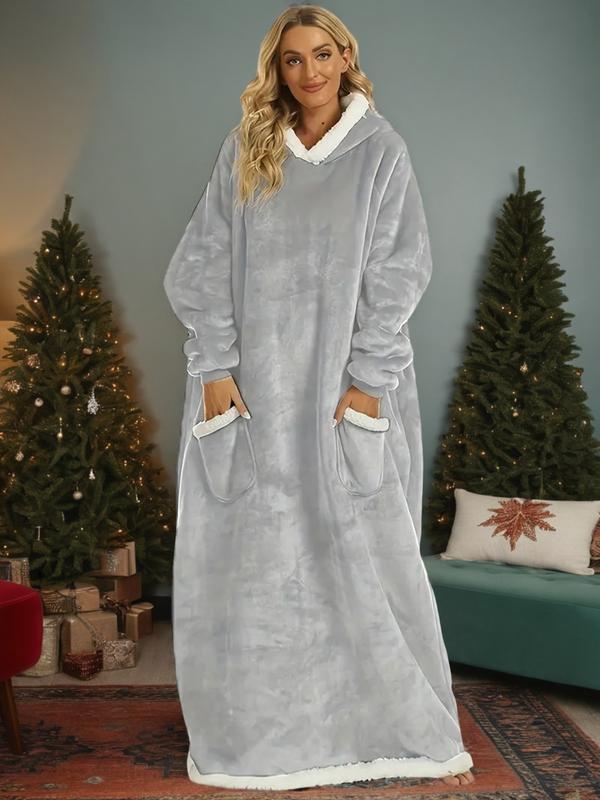 Robe longue à capuche en flanelle de coton mélangé automne-hiver, motif Noël, vêtement d'intérieur doux et confortable avec poche verticale, style uni décontracté