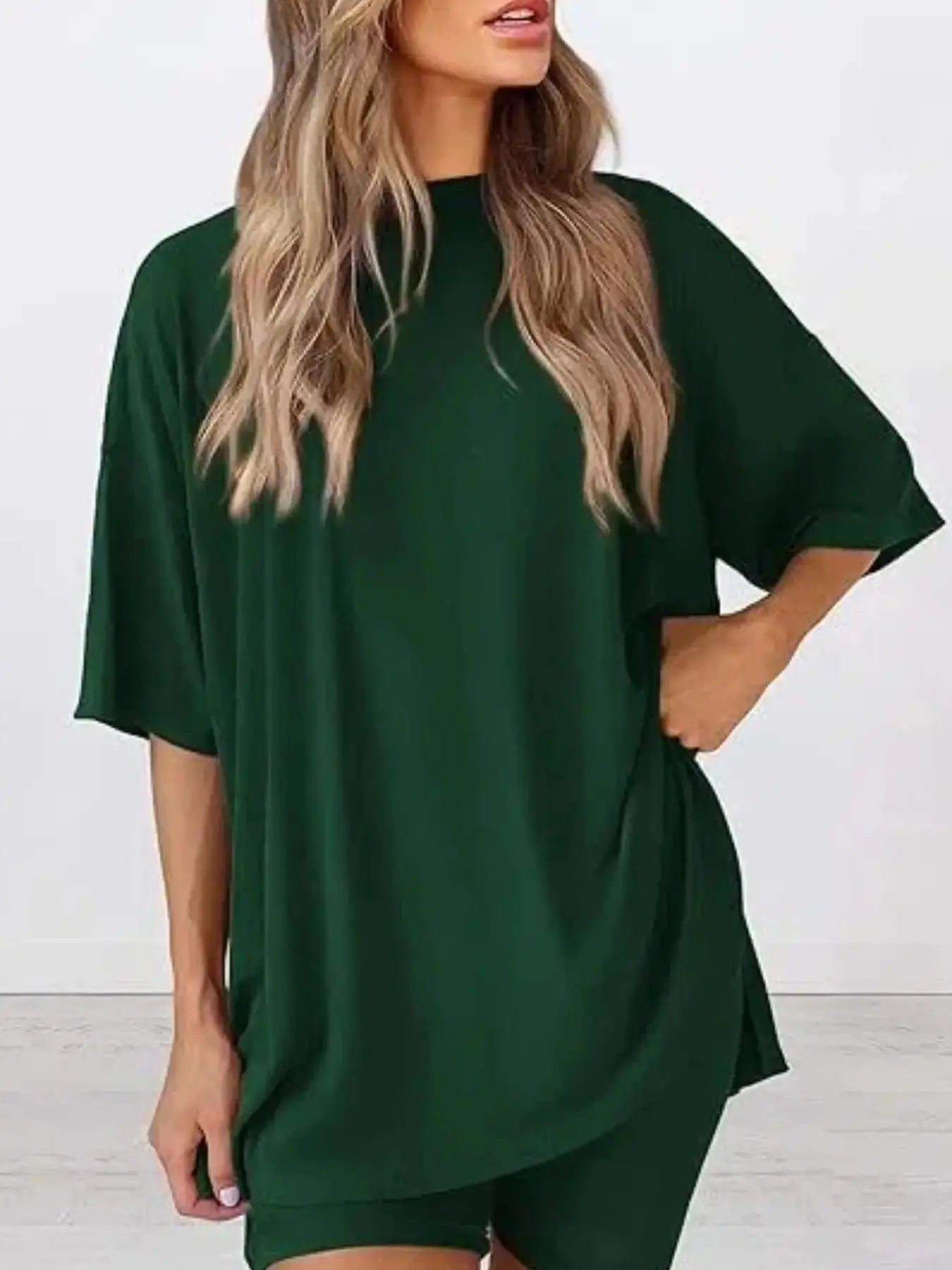 Ensemble T-shirt uni et short moulant pour femme, vêtement de nuit décontracté d'été à col rond, confortable, avec poches, pour l'extérieur