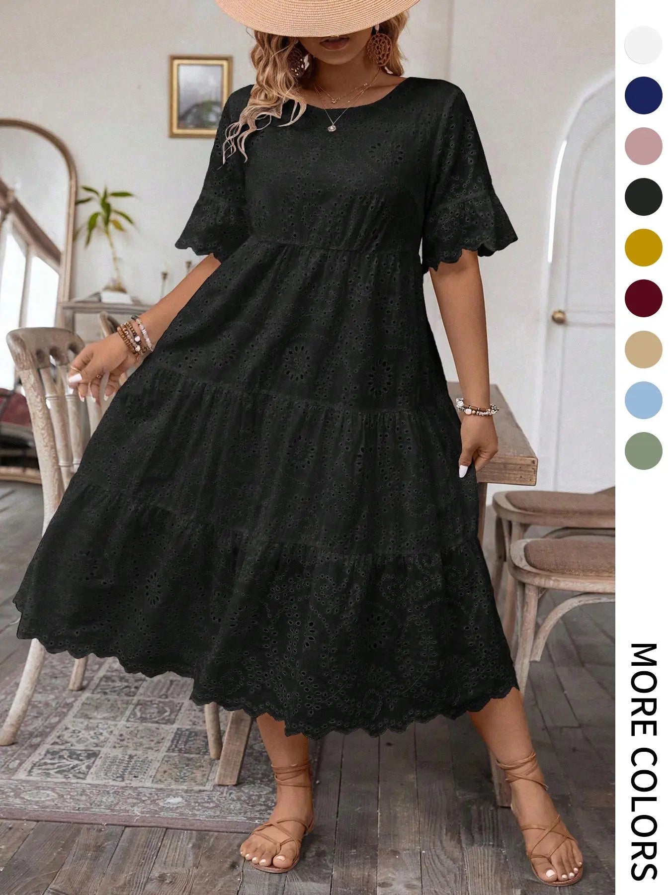 【Grande Taille】 Robe Unie Broderie Anglaise, Robe Bohème à Col Rond pour Vacances et Usage Quotidien – Vêtements d'Été pour Femmes