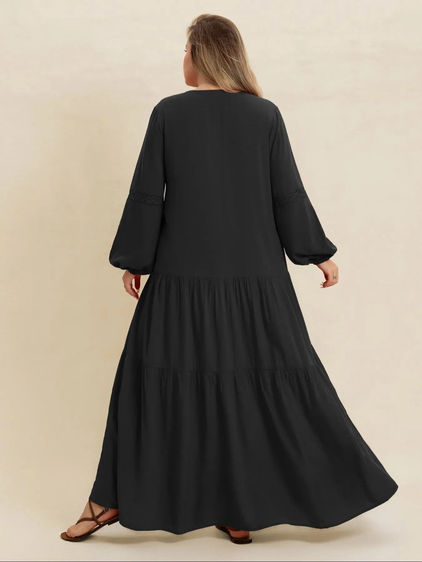 【Grande taille】 Robe longue unie à col en V et manches longues, Robe bohème modeste pour le quotidien, les vacances et les voyages, Vêtements grande taille pour femmes toutes saisons