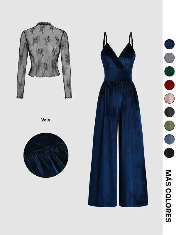 Ensemble deux pièces combishort et tee-shirt en dentelle de couleur unie pour femme, ensemble élégant et décontracté avec combishort dos zippé et haut à manches longues pour le quotidien et l'extérieur, vêtements pour femme pour le printemps et l'automne