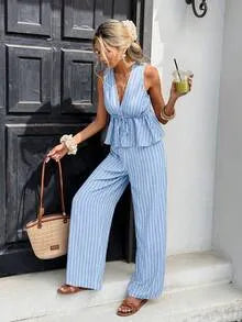 Ensemble deux pièces rayé pour femme : Haut sans manches à nouer à la taille et pantalon long décontracté — Style bohème vintage, tenue de ville