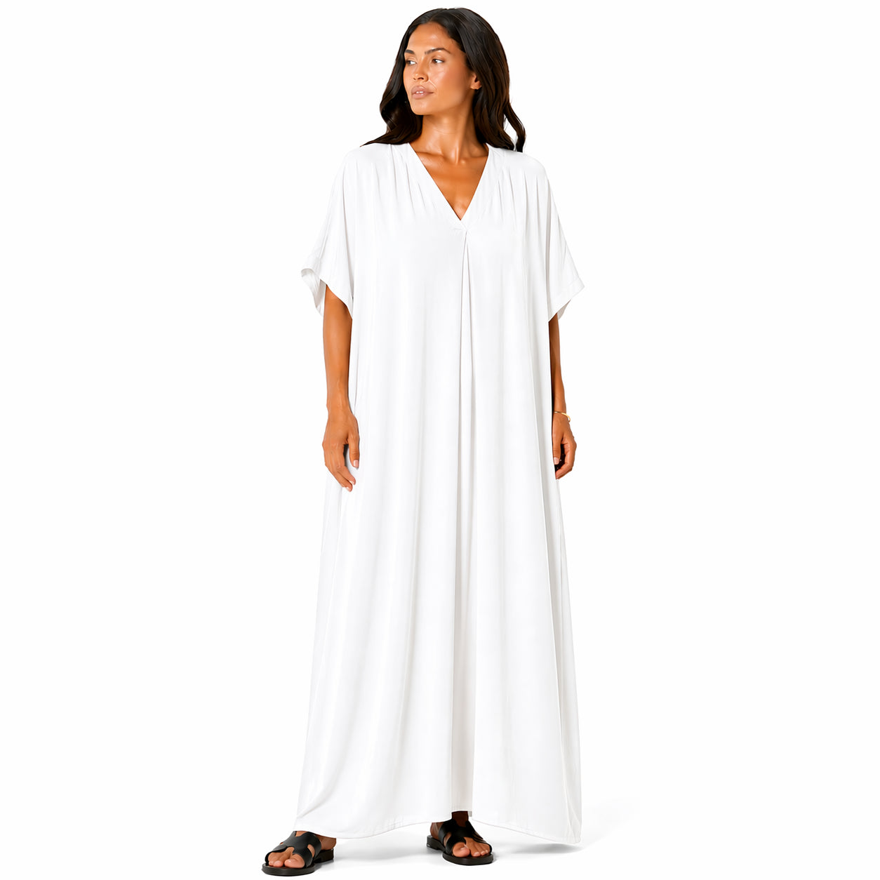 Robe longue, ample et fluide à col en V pour femme – chic et confortable pour l'été.
