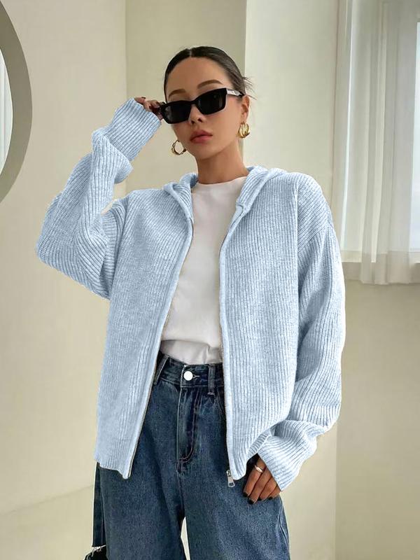 Cardigan à capuche zippé de couleur unie pour femme, en tricot décontracté à manches longues pour l'automne et l'hiver, vêtement en maille tendance pour femme pour le quotidien