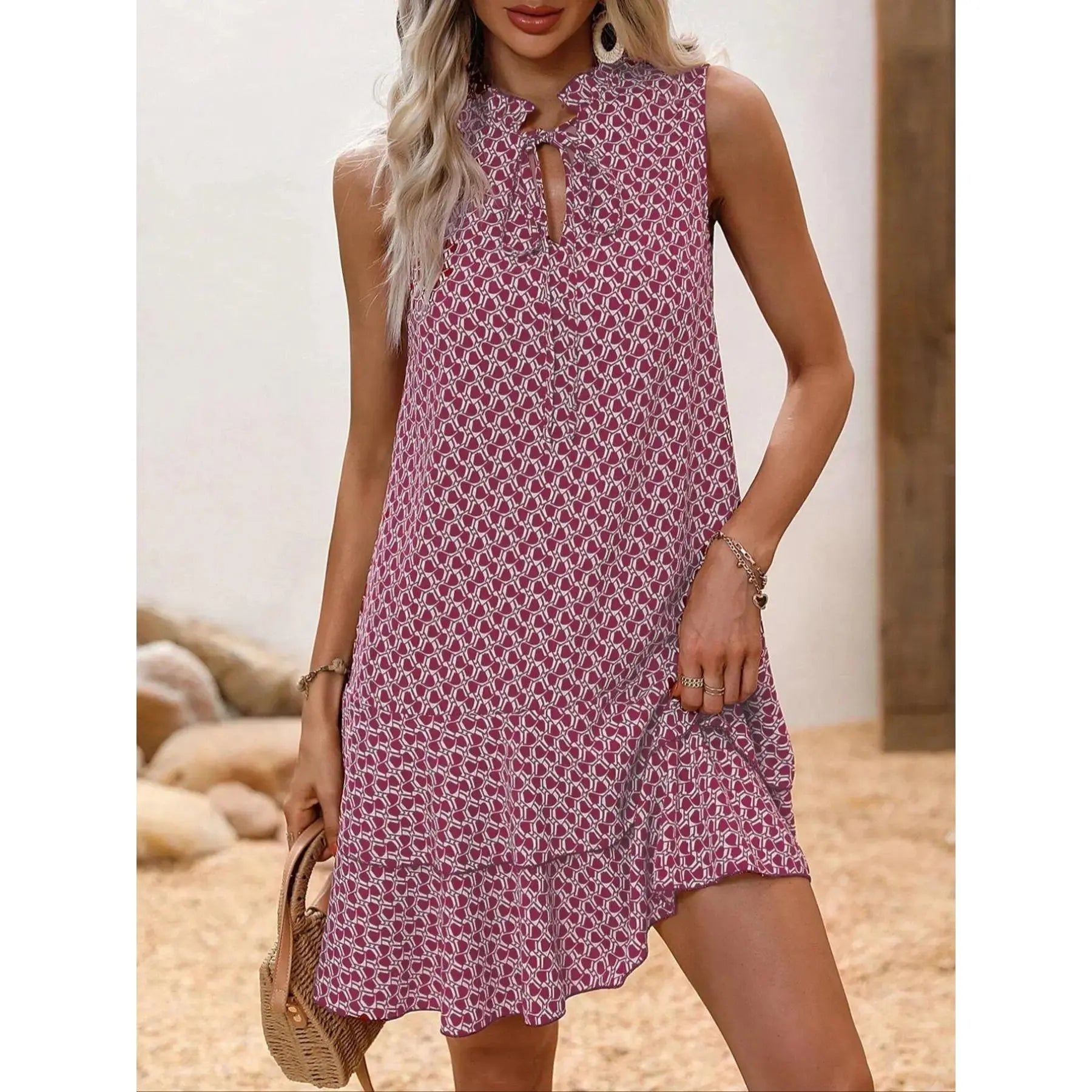 Robe Femme à Imprimé Géométrique et Nœud Papillon, Jupe Étages Superposés, Tenue Décontractée Printemps-Été, Coupe Cintrée Courte Sans Manches