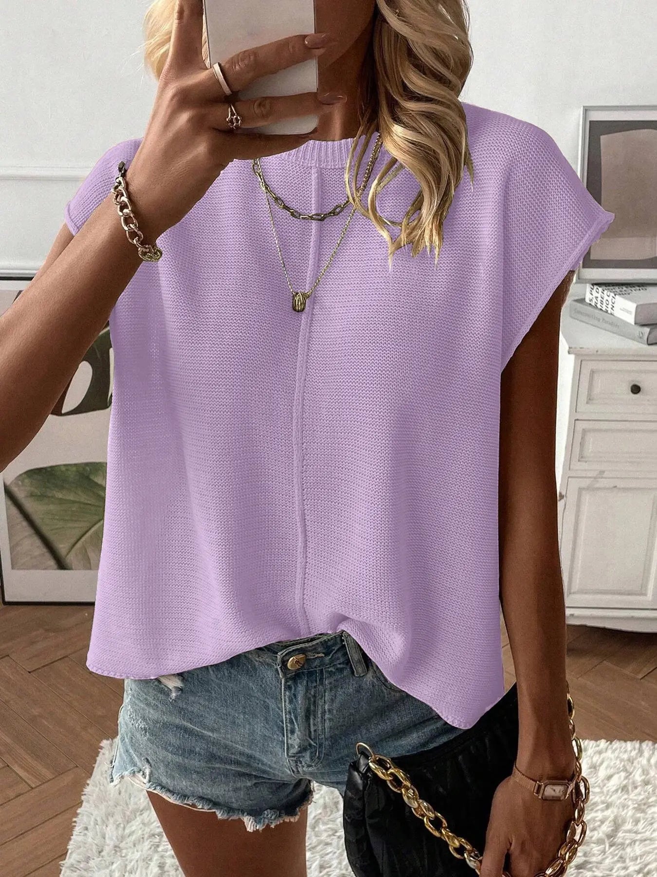 Gilet pull femme de couleur unie, haut tricoté décontracté à col rond pour l'été, tricot femme tendance pour le quotidien