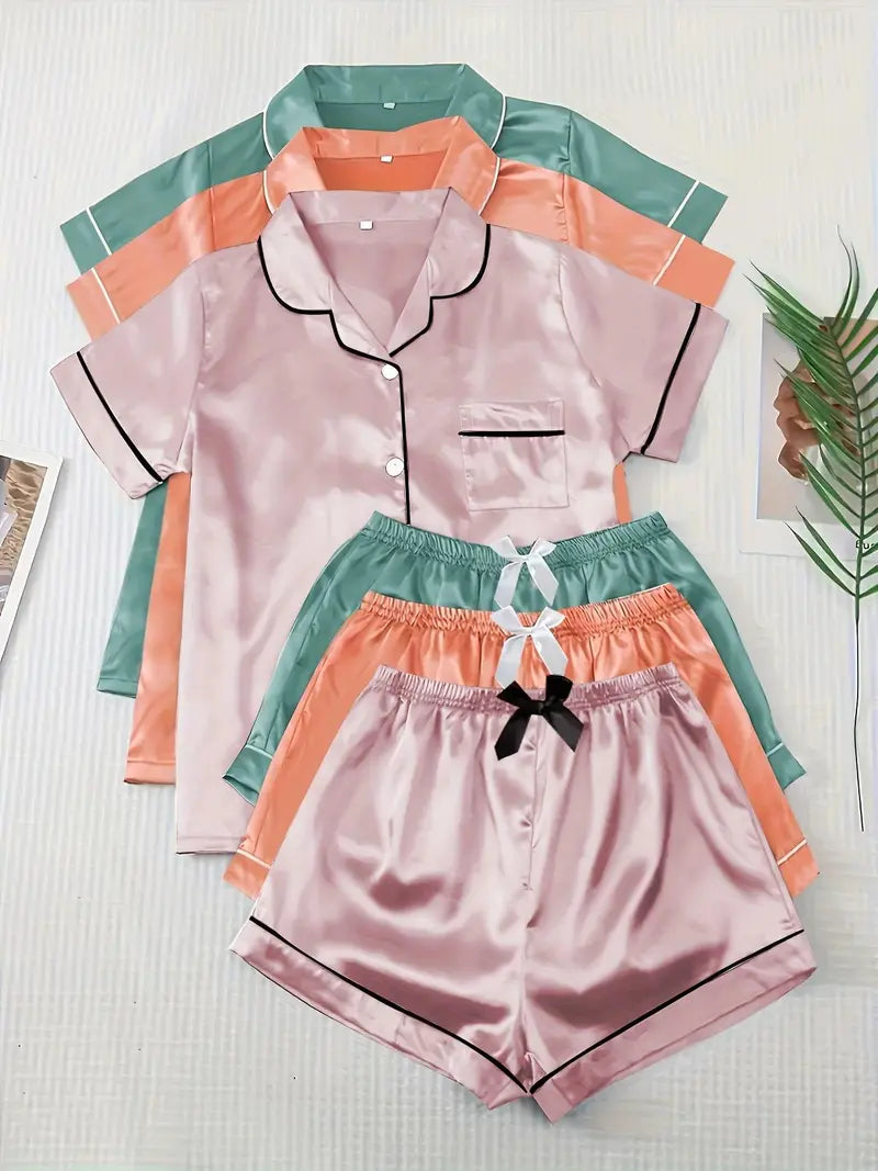 Ensemble de pyjama pour femme de couleur unie avec nœud contrastant, chemise à manches courtes boutonnée avec col à revers et short, pyjama d'été pour femme et vêtements de détente