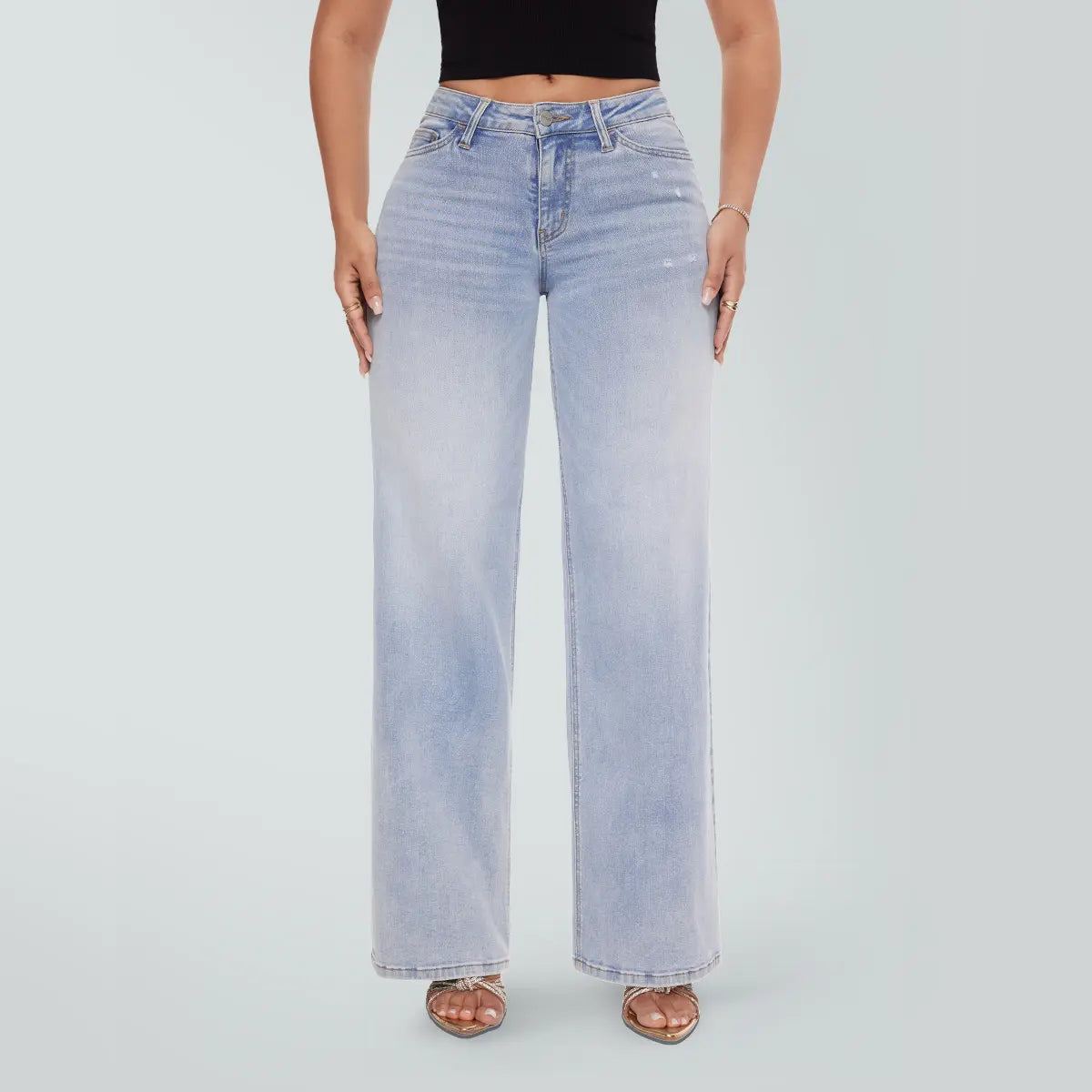 Magic SHAPUM Jean BBL pour femme taille mi-basse, jambe large, coupe ample, confortable, en denim extensible, pantalon noir B en denim extensible, legging ample