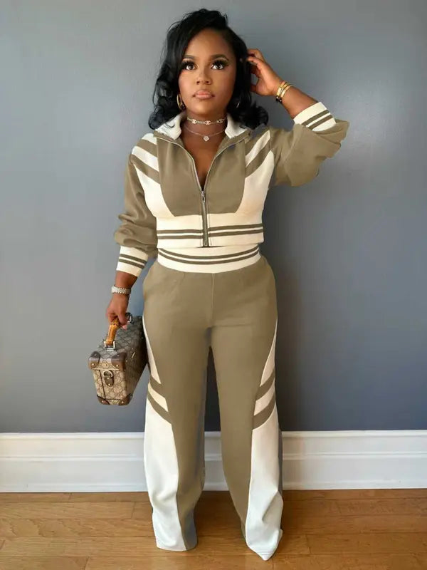 Ensemble deux pièces femme veste courte zippée à imprimé color block et pantalon, tenues décontractées, mode, confortables et respirantes pour le quotidien en extérieur, vêtements femme pour l'automne et l'hiver