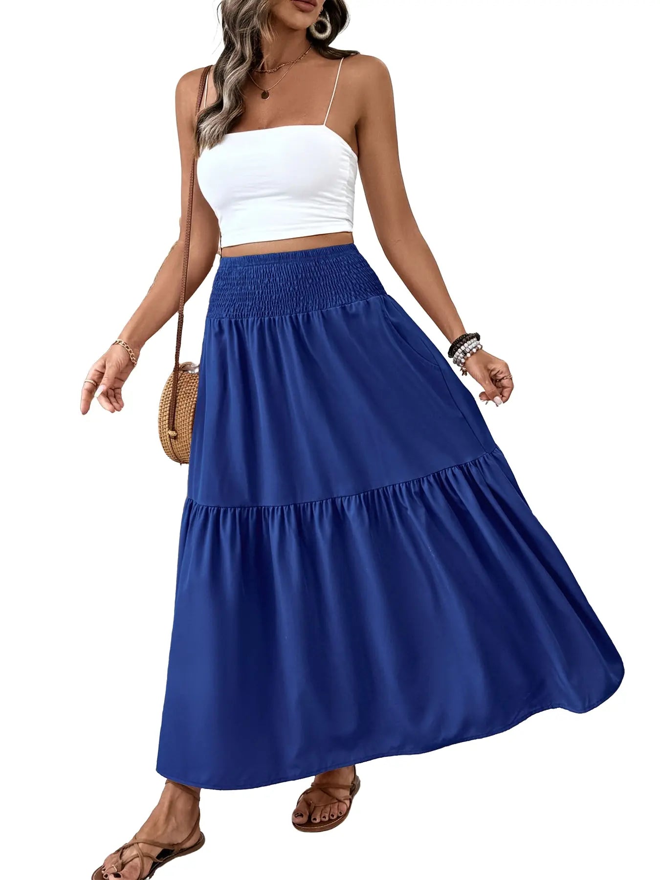 Jupe trapèze décontractée fleurie pour femme, taille élastique, poches, ourlet feuille, jupe longue ajustée, robe mi-longue tendance