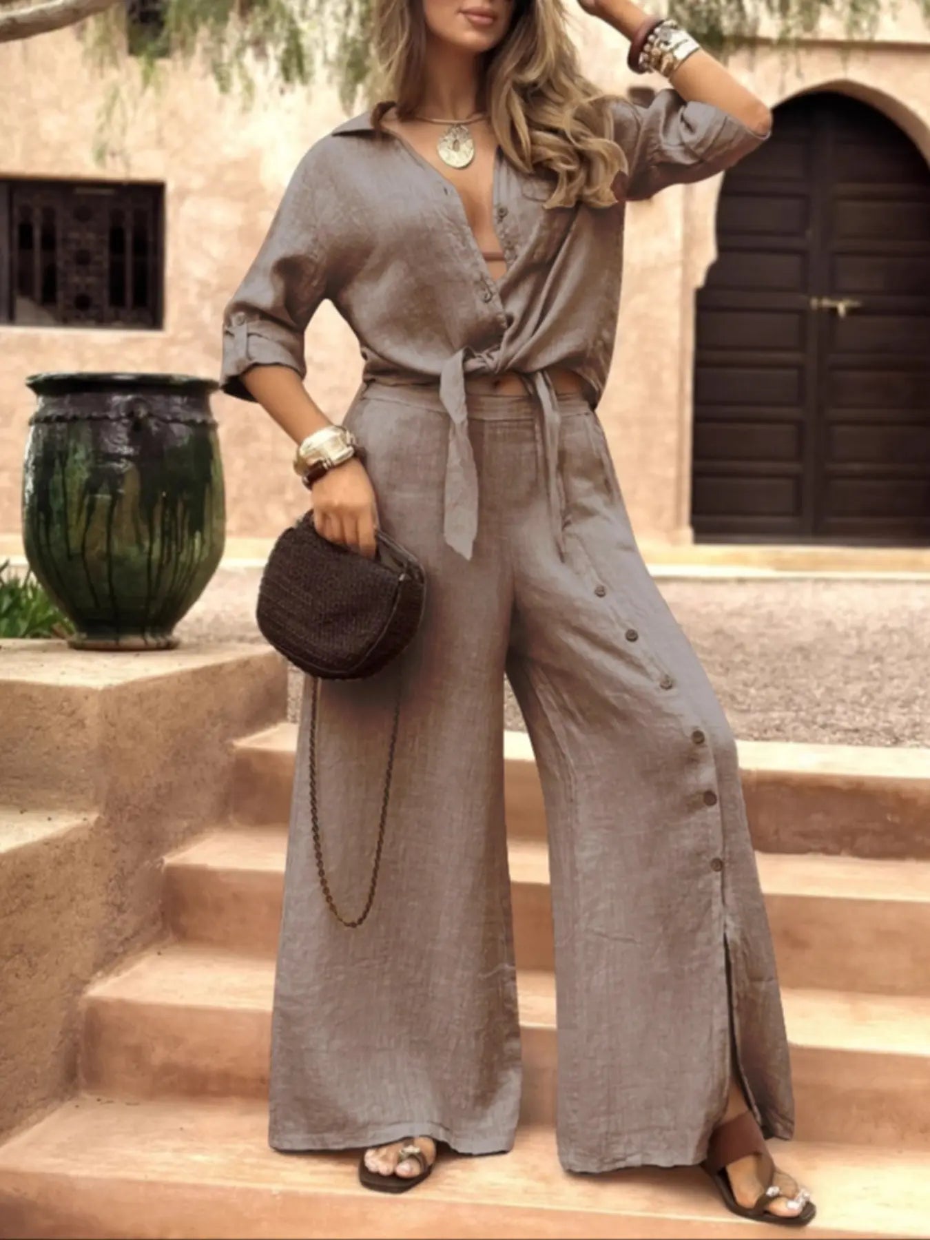 Ensemble chemise ample à manches longues pour femme avec ourlet à nouer, pantalon large décoré d'un seul bouton, tenue décontractée toutes saisons
