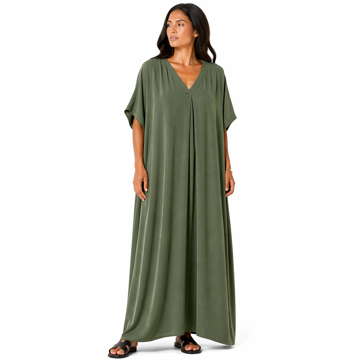 Robe longue, ample et fluide à col en V pour femme – chic et confortable pour l'été.