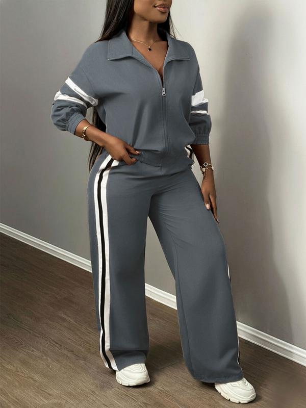 Ensemble Veste Zippée & Pantalon Large Rayé pour Femme, Style Urbain & Décontracté, Costume Deux Pièces pour Usage Quotidien