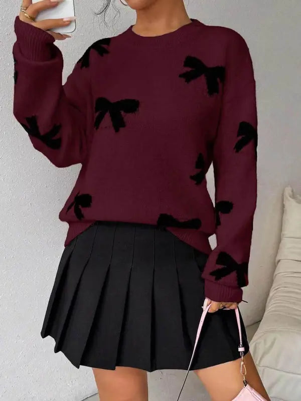 Pull décontracté tricoté lâche imprimé nœud papillon à la mode, pull femme automne/hiver, nouveau pull tricoté à col rond et manches longues